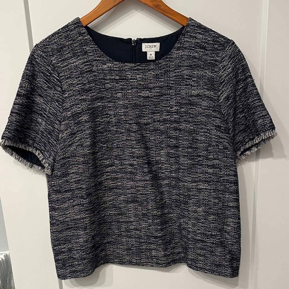 J. Crew Dark Navy & White Tweed Suiting Crop Top Blouse Fringe Sleeves - Medium